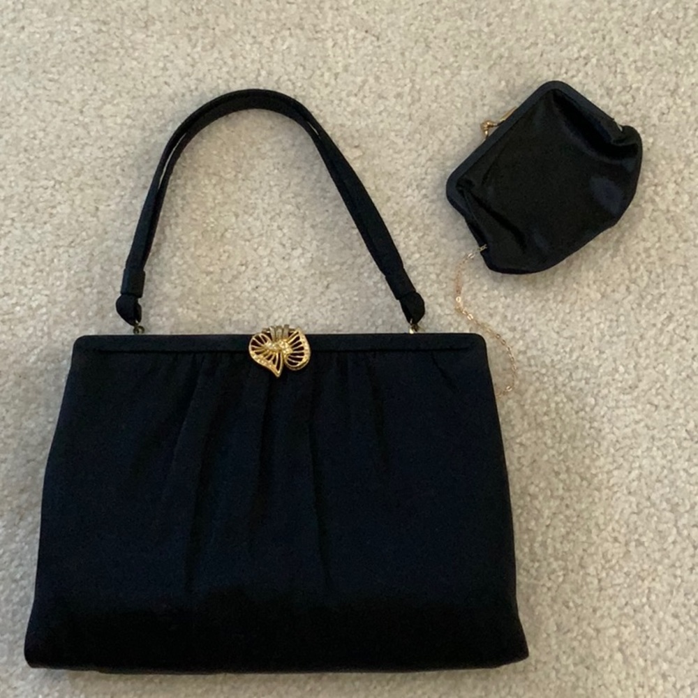 Vintage Black + Gold Purse w/ Attached Coin Pouch